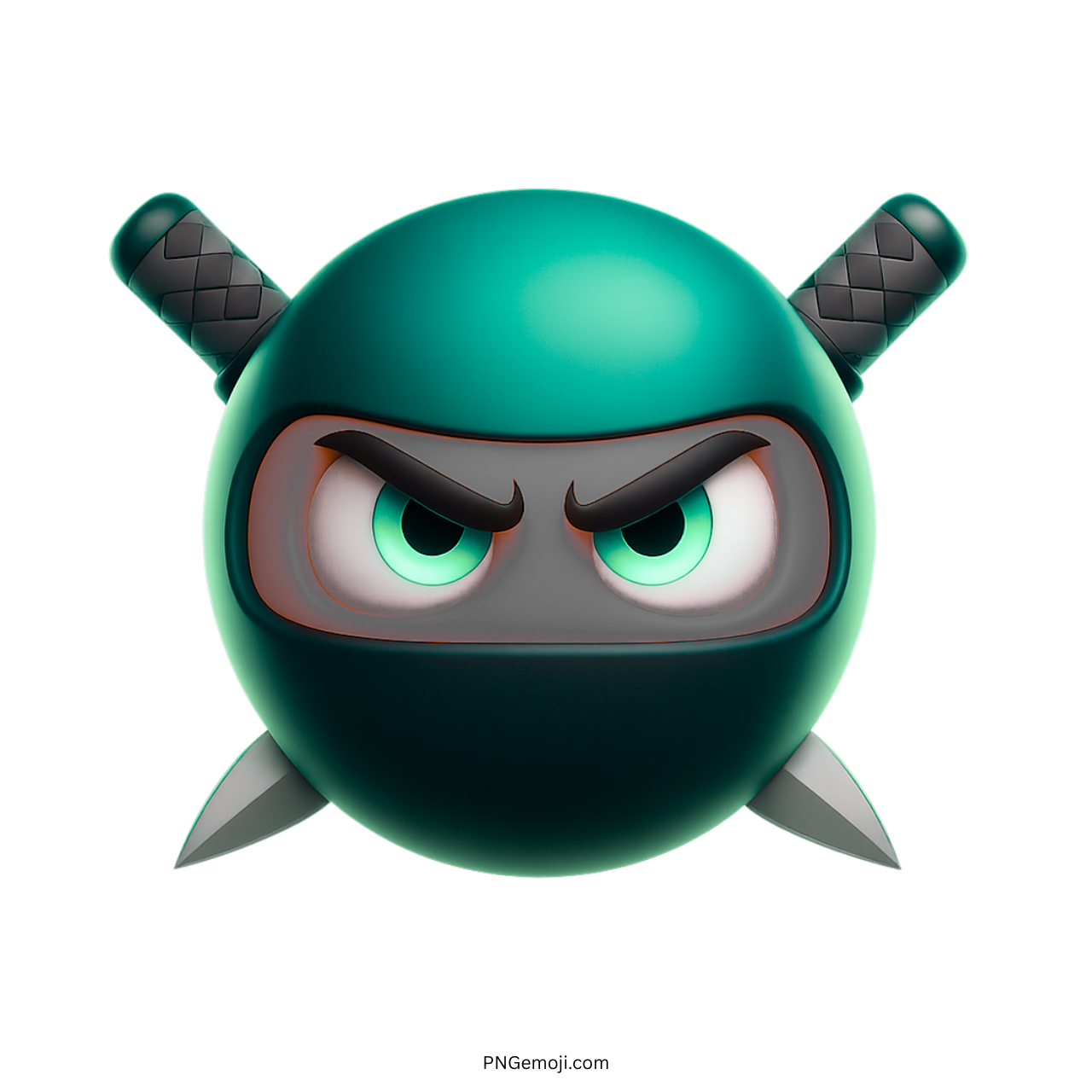 3D teal ninja emoji with glowing green eyes and twin swords on transparent PNG background