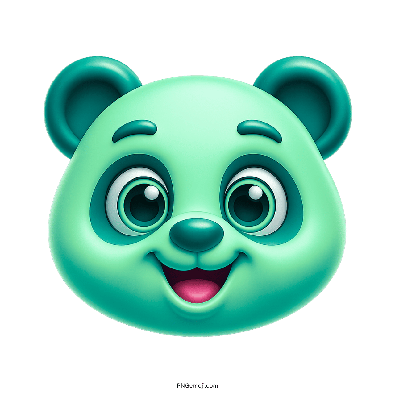 Cute teal panda face emoji with big blue eyes, cartoon style, smiling happily, teal ears, vibrant colors, cheerful expression.