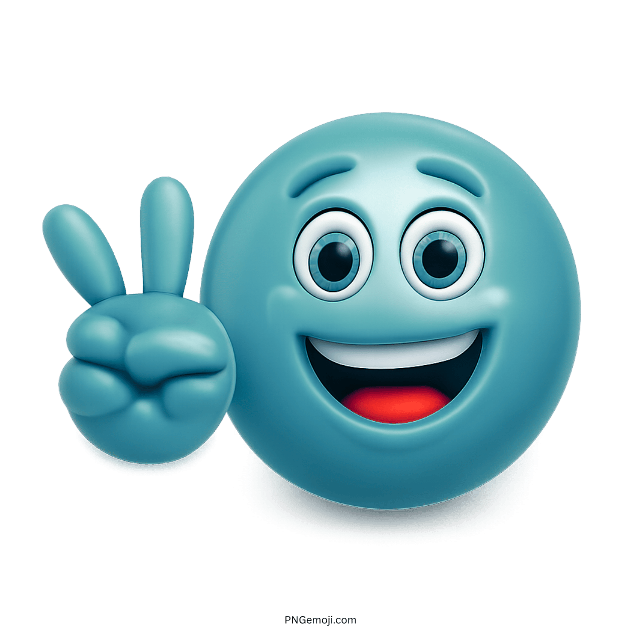 Teal emoji with smiling face and peace sign hand in 3D cartoon style.
