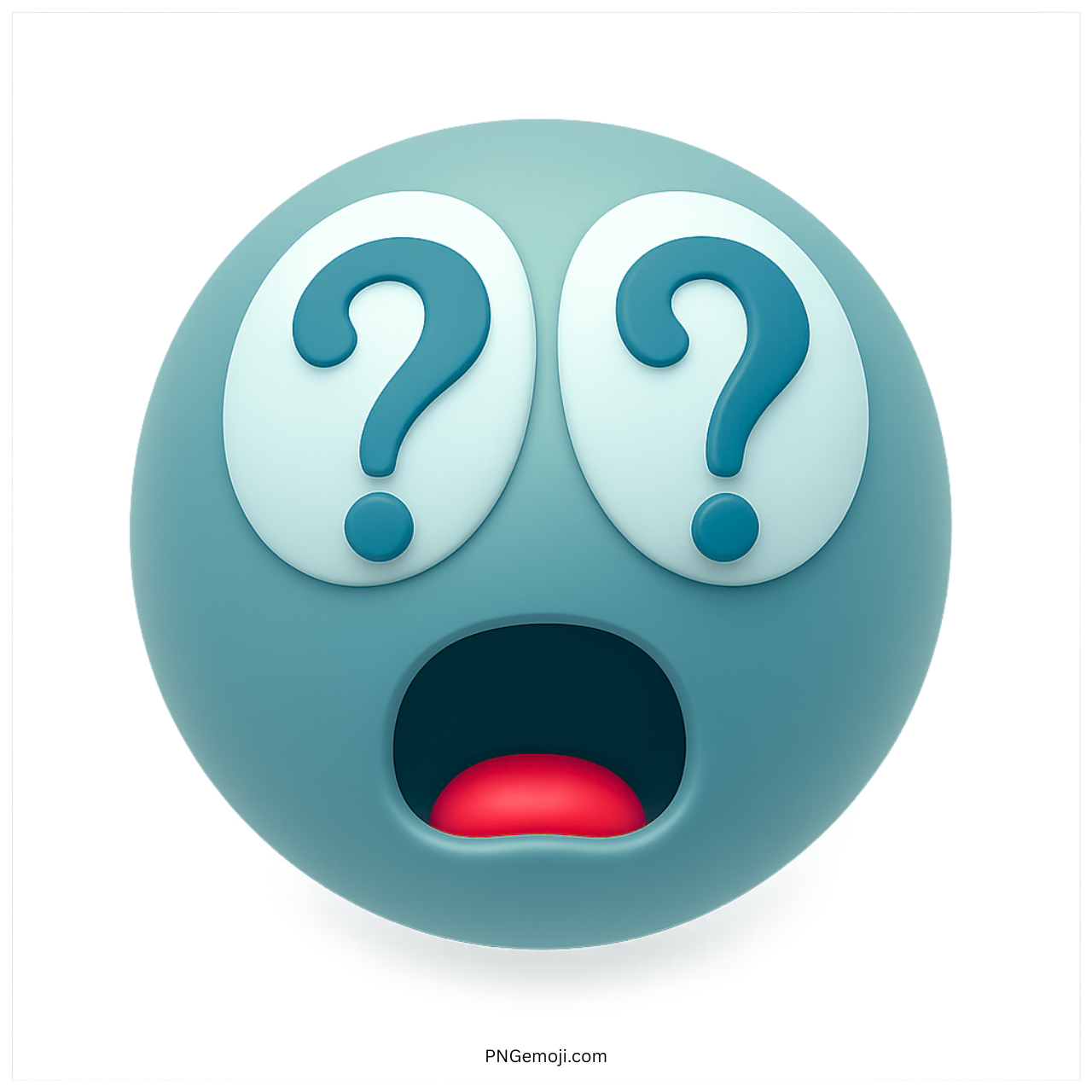 Teal emoji with blue question mark eyes and wide shocked open mouth