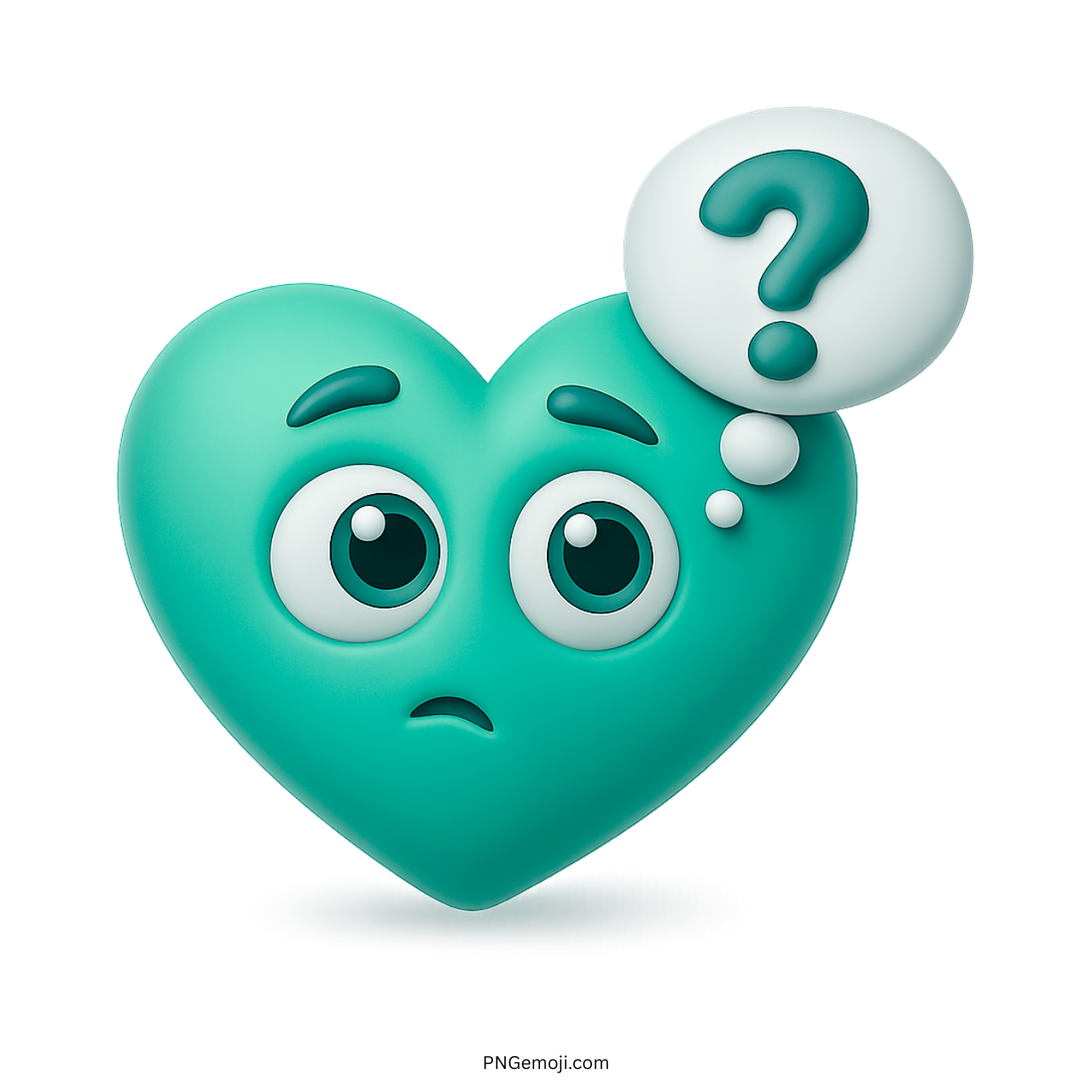 Teal heart emoji with uncertain eyes and thought bubble featuring teal question mark.