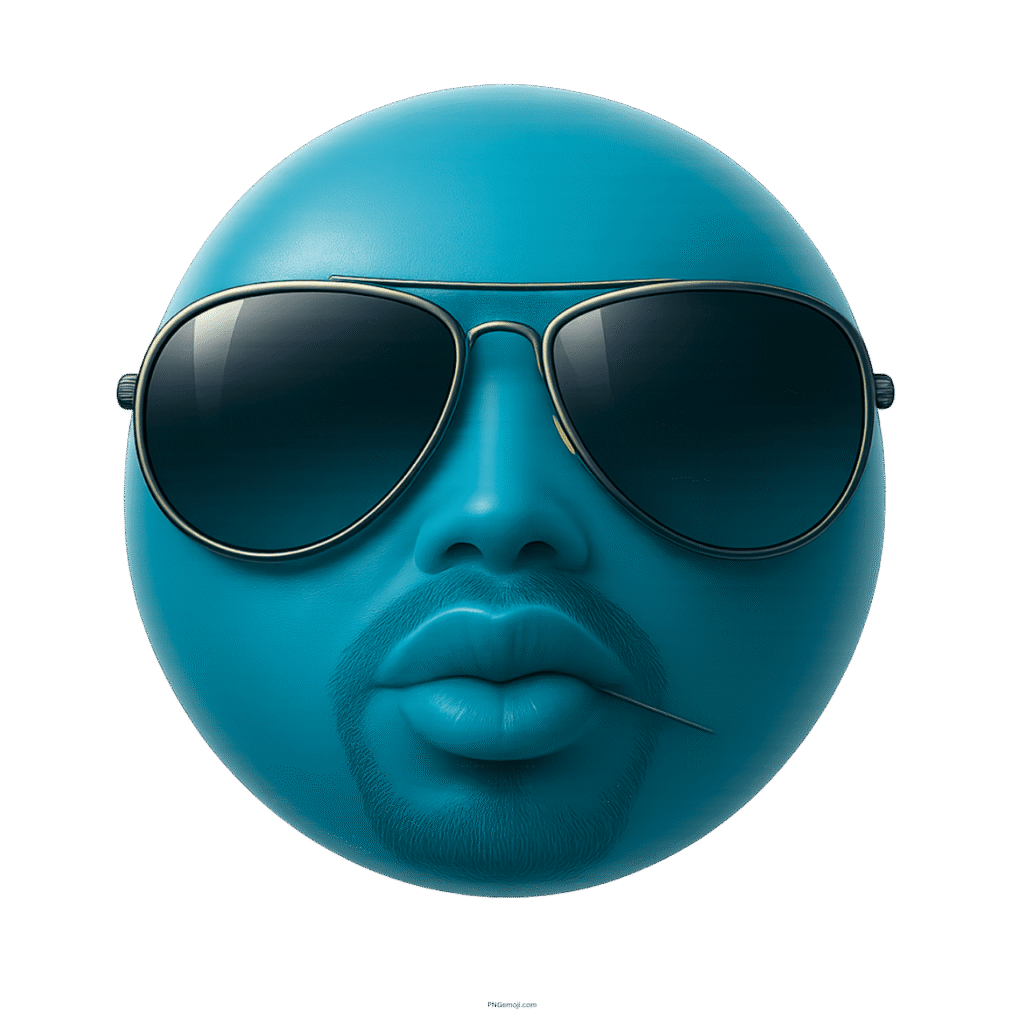 Teal emoji with sunglasses beard and toothpick expressing confident chill attitude