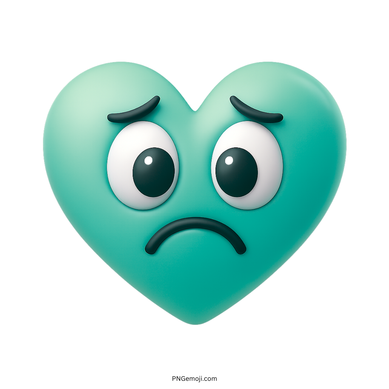 Teal heart emoji with sad frowny face and cartoon eyes in 3D design