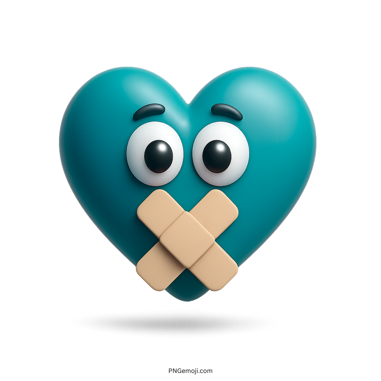 Teal heart emoji with big eyes and crossed bandage showing silent emotional expression