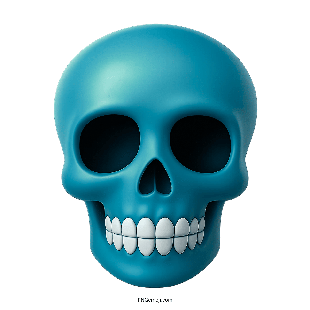 3D teal blue skull emoji with white teeth and black eye sockets on transparent background