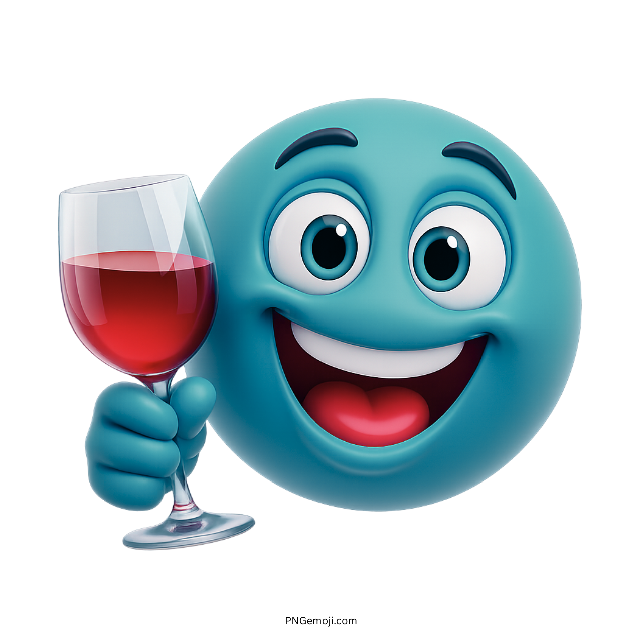 Teal emoji face happily holding up a red wine glass for cheers