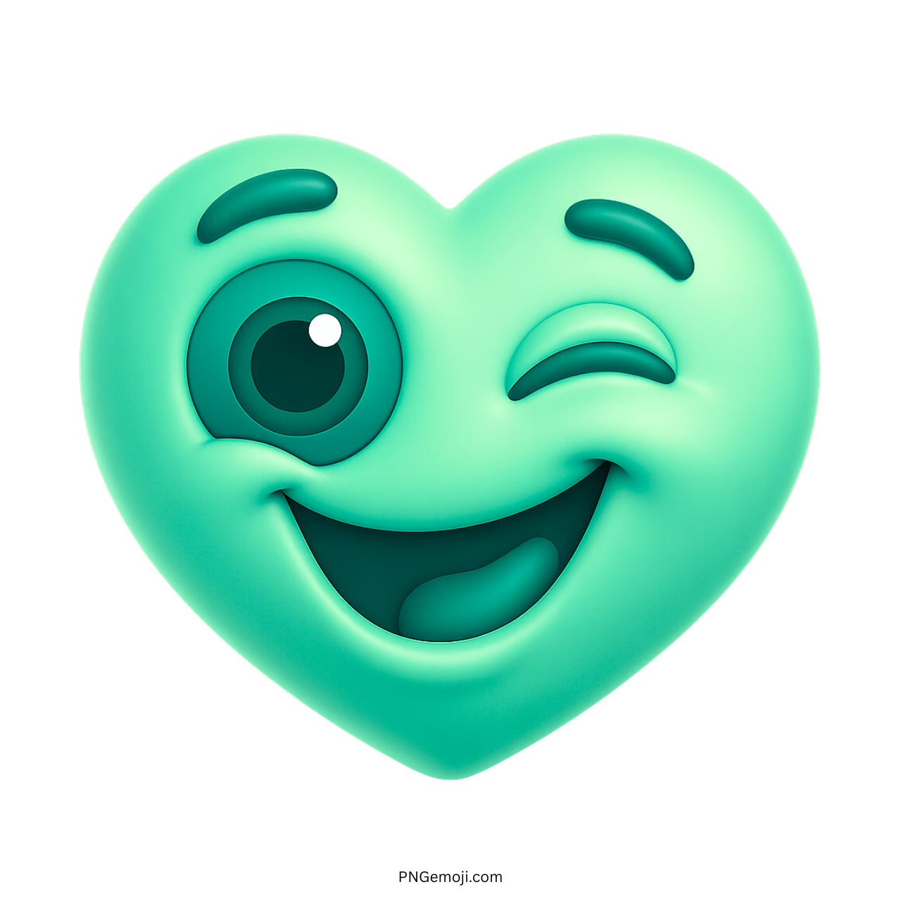 Teal 3D heart emoji with happy winking face and playful smiley expression
