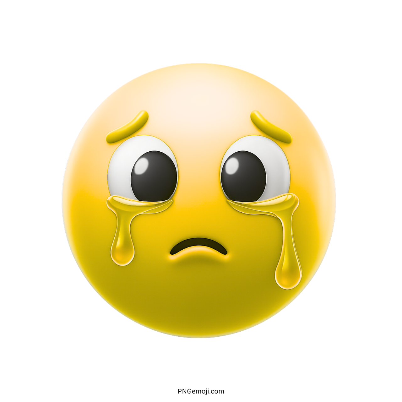 Yellow sad face emoji with big eyes and tears streaming down cheeks