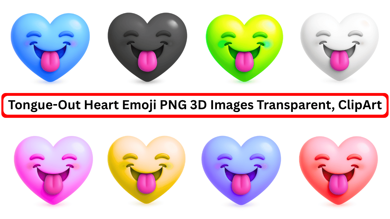 Colorful 3D heart emojis with tongue out and smiles in a transparent clipart PNG set