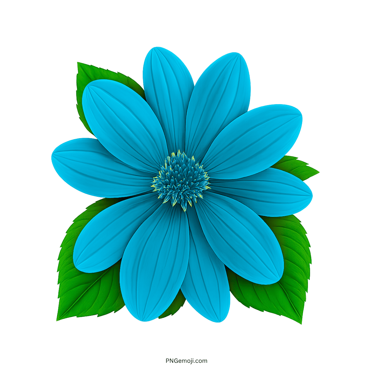 Bright turquoise flower with green leaves in a spring emoji style