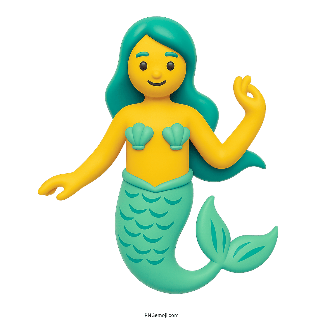 3D turquoise mermaid emoji with green tail, shell top, and ocean-themed design