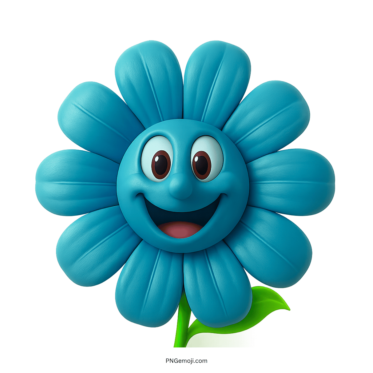 Turquoise smiling flower emoji with a happy face and green leaf.