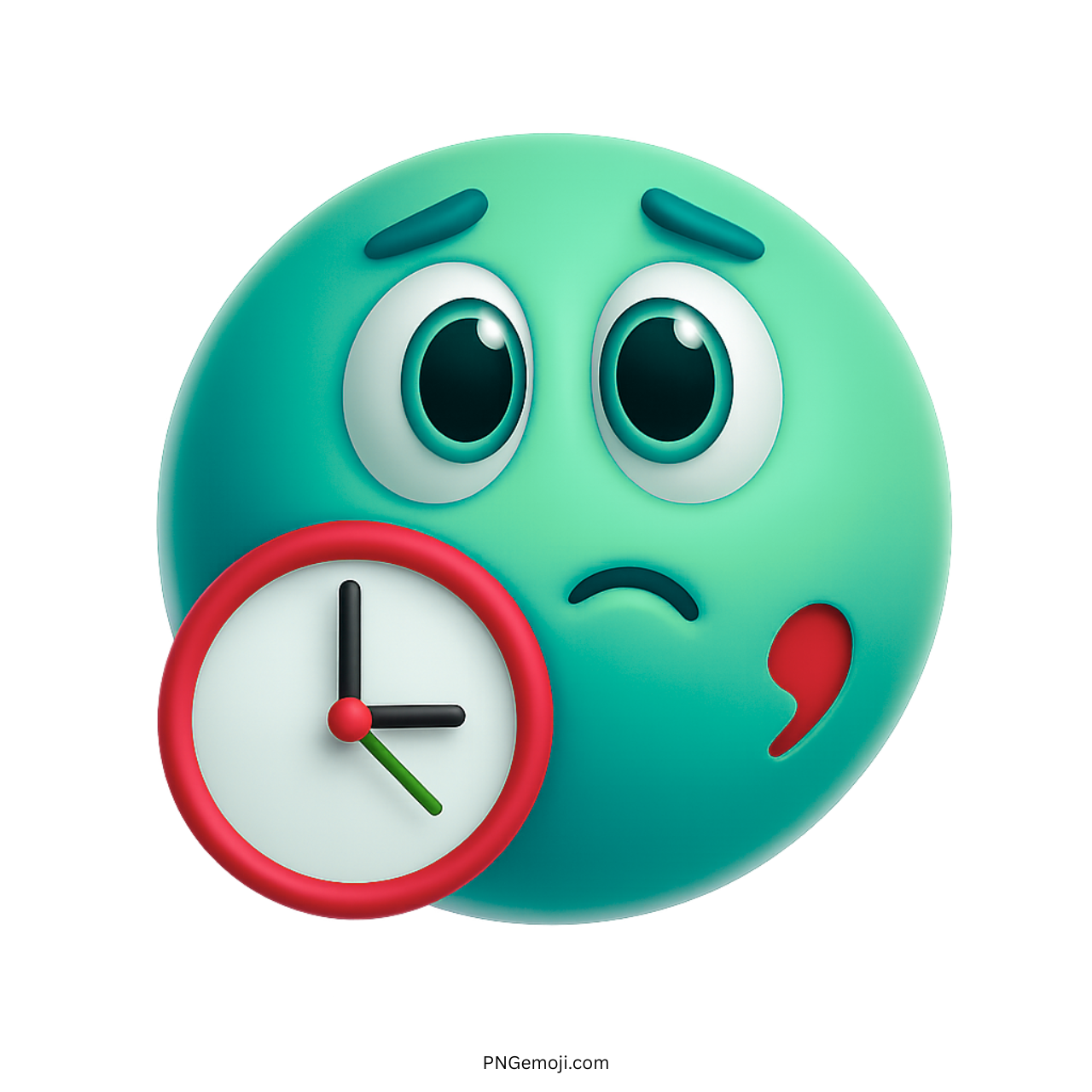 3D turquoise waiting emoji with red clock showing nervous expression and time stress