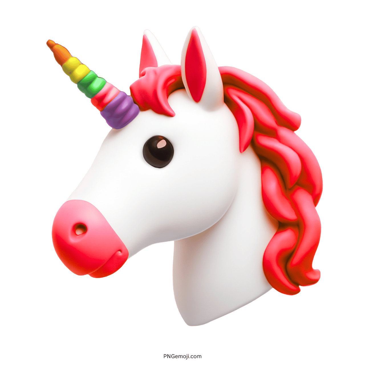 3D-rendered unicorn emoji with rainbow horn and pink mane on a transparent background.