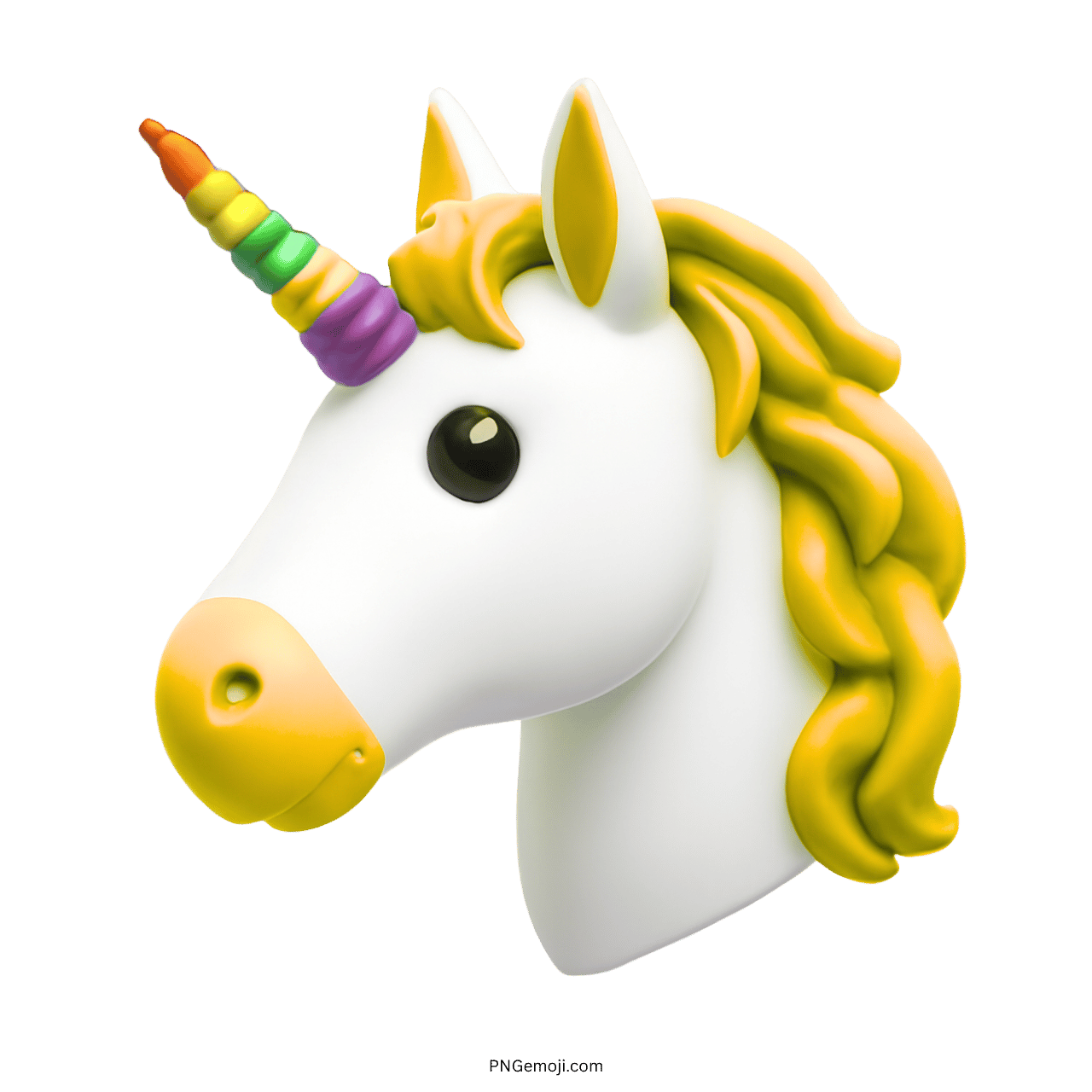 3D-rendered unicorn emoji with rainbow horn and yellow mane on a transparent background.