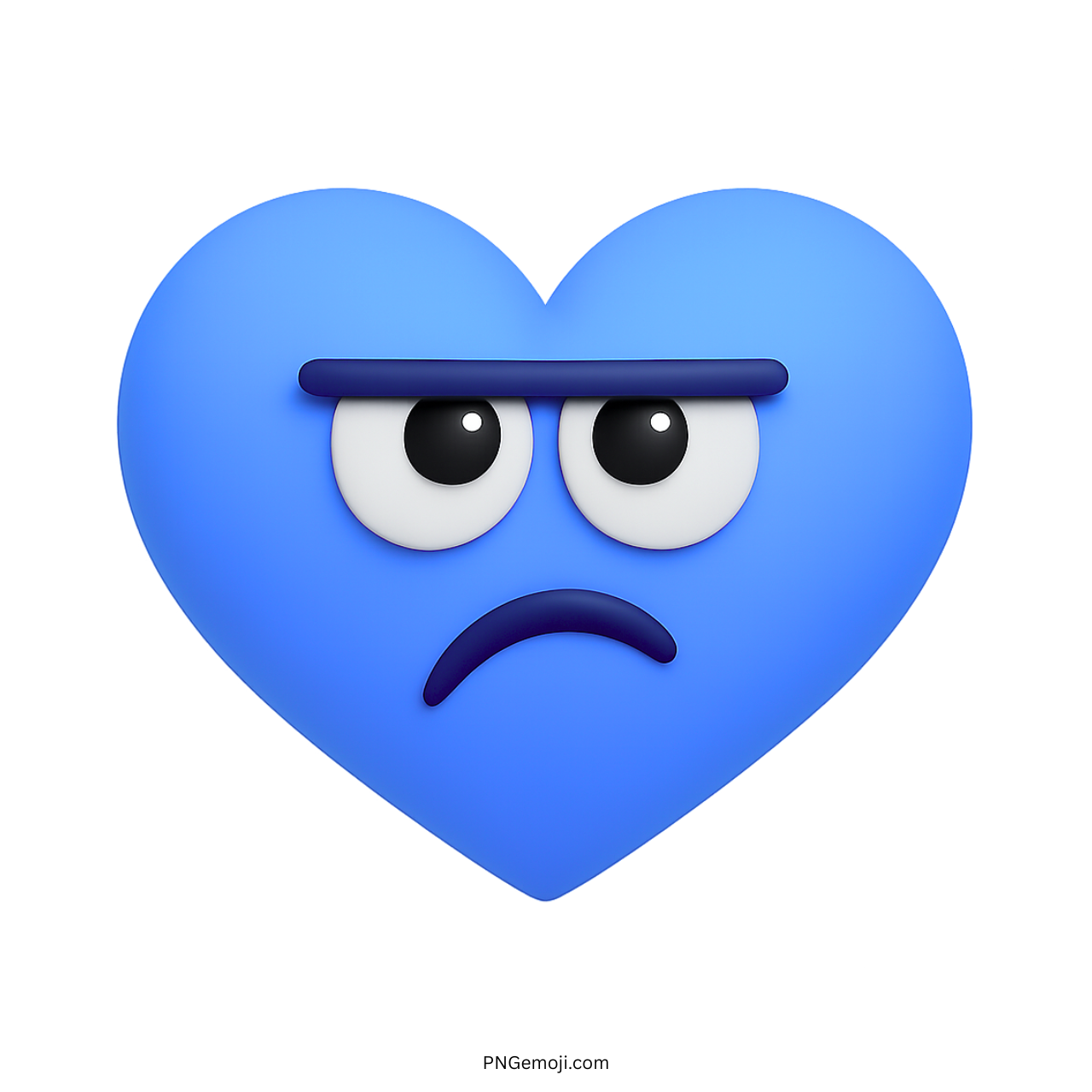 Blue heart emoji with unimpressed facial expression and raised eyebrows