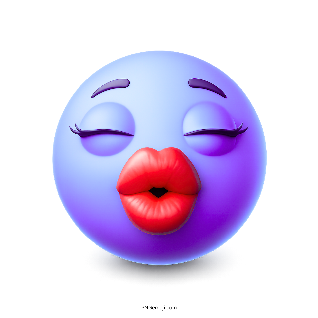 Violet 3D emoji with red lips and closed eyes blowing a romantic virtual kiss