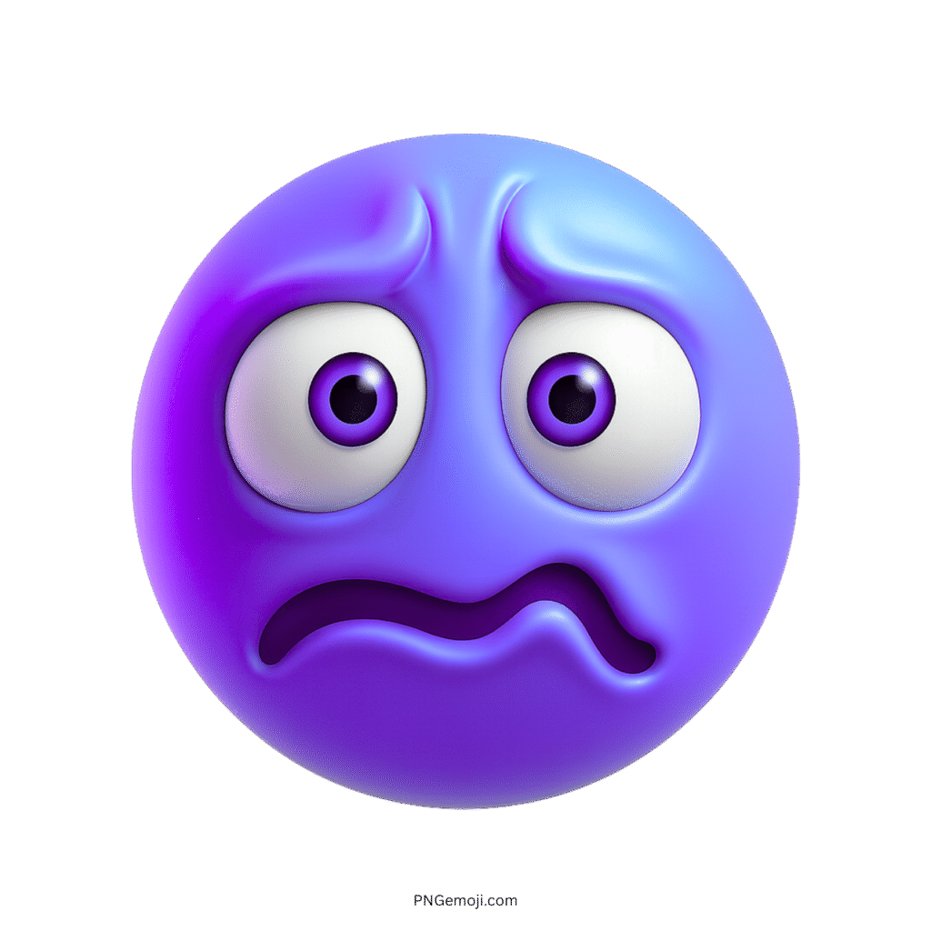 Violet 3D emoji with wide eyes, wrinkled brow, and stressed wavy mouth expression