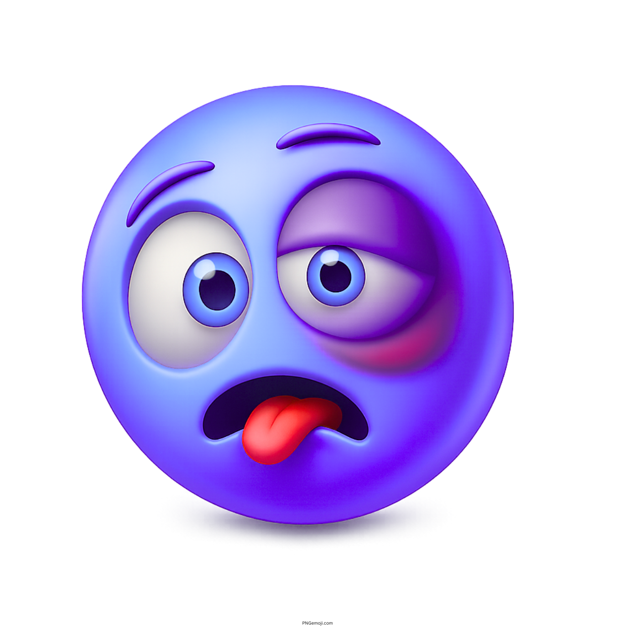 Violet emoji face with swollen bruised eye and tongue sticking out cartoon-style