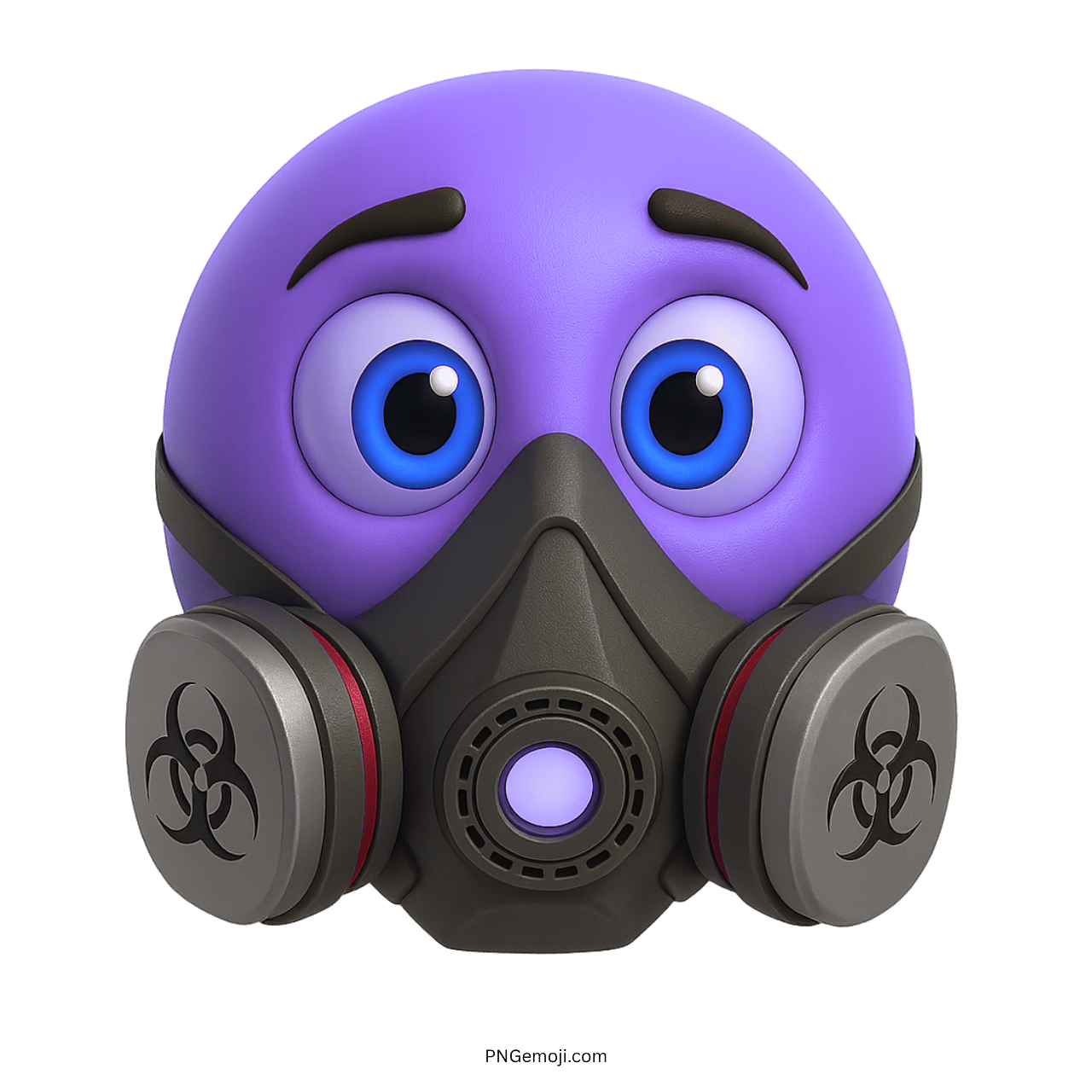Violet 3D emoji wearing biohazard gas mask with large cautious blue eyes