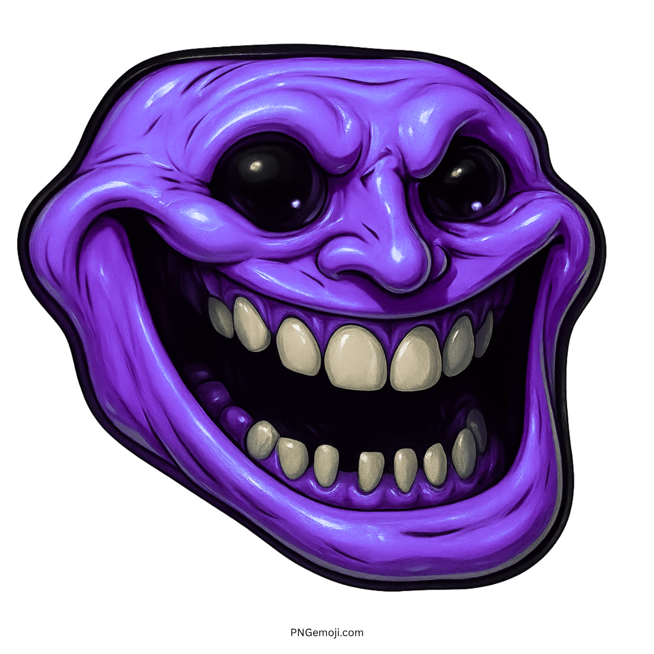Violet evil troll face with haunting grin and dark meme-style facial expression