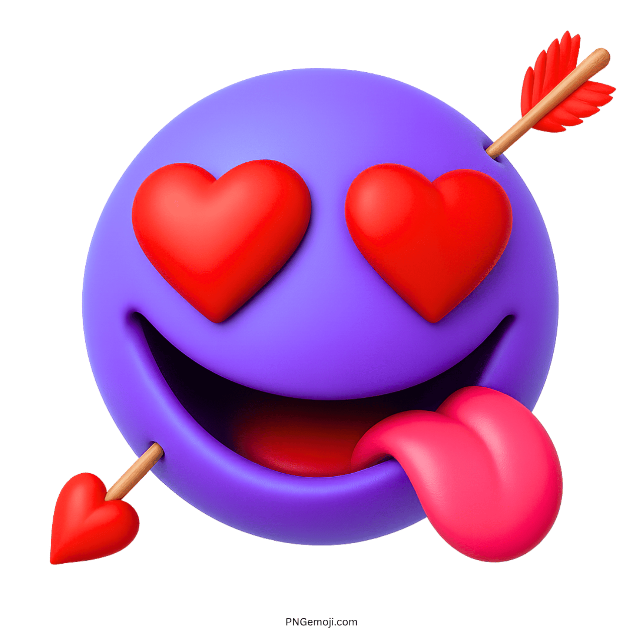 Violet love emoji with red heart eyes, tongue out, and pierced by Cupid’s arrows
