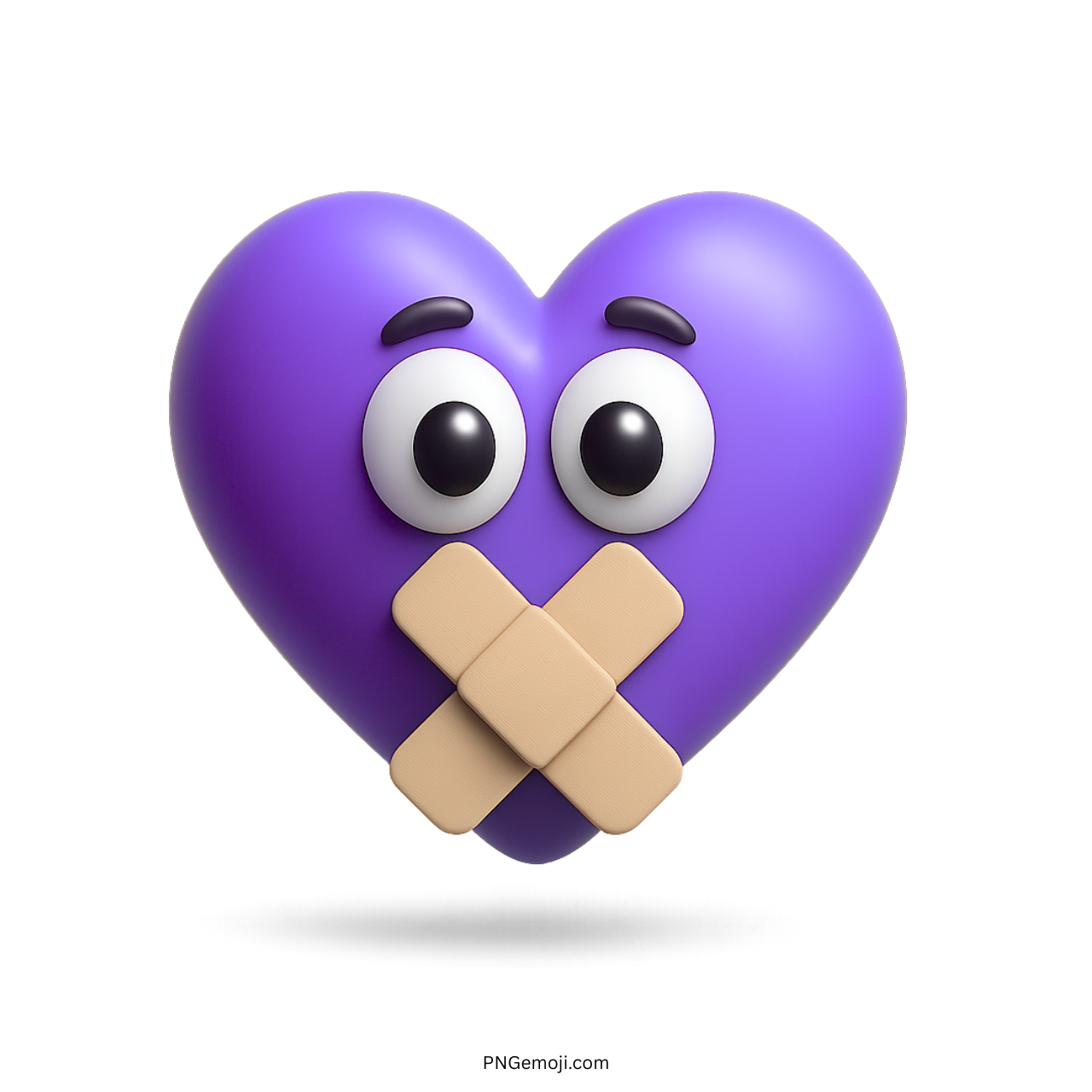Violet heart emoji with wide eyes and bandaged mouth showing emotional silence or hurt
