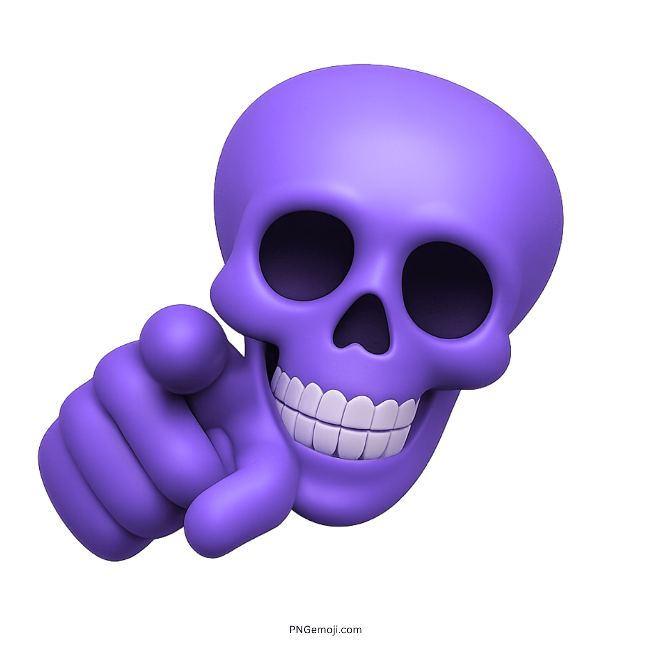 3D violet skull emoji pointing finger forward with hollow eyes and toothy smile