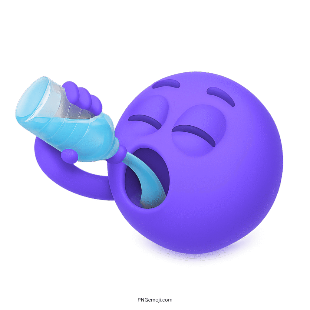 3D violet emoji drinking water from bottle with calm, content face and relaxed mood