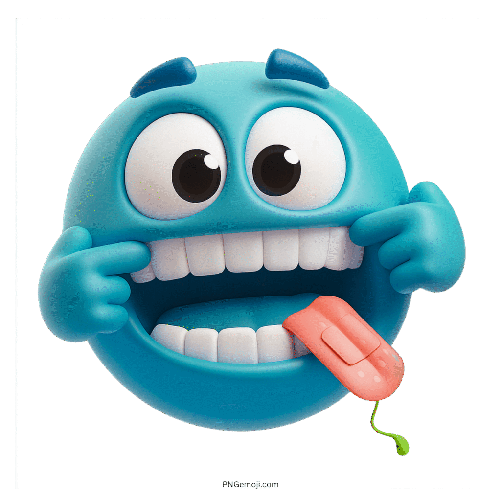 Wacky blue emoji face showing teeth and sticking tongue out with silly expression