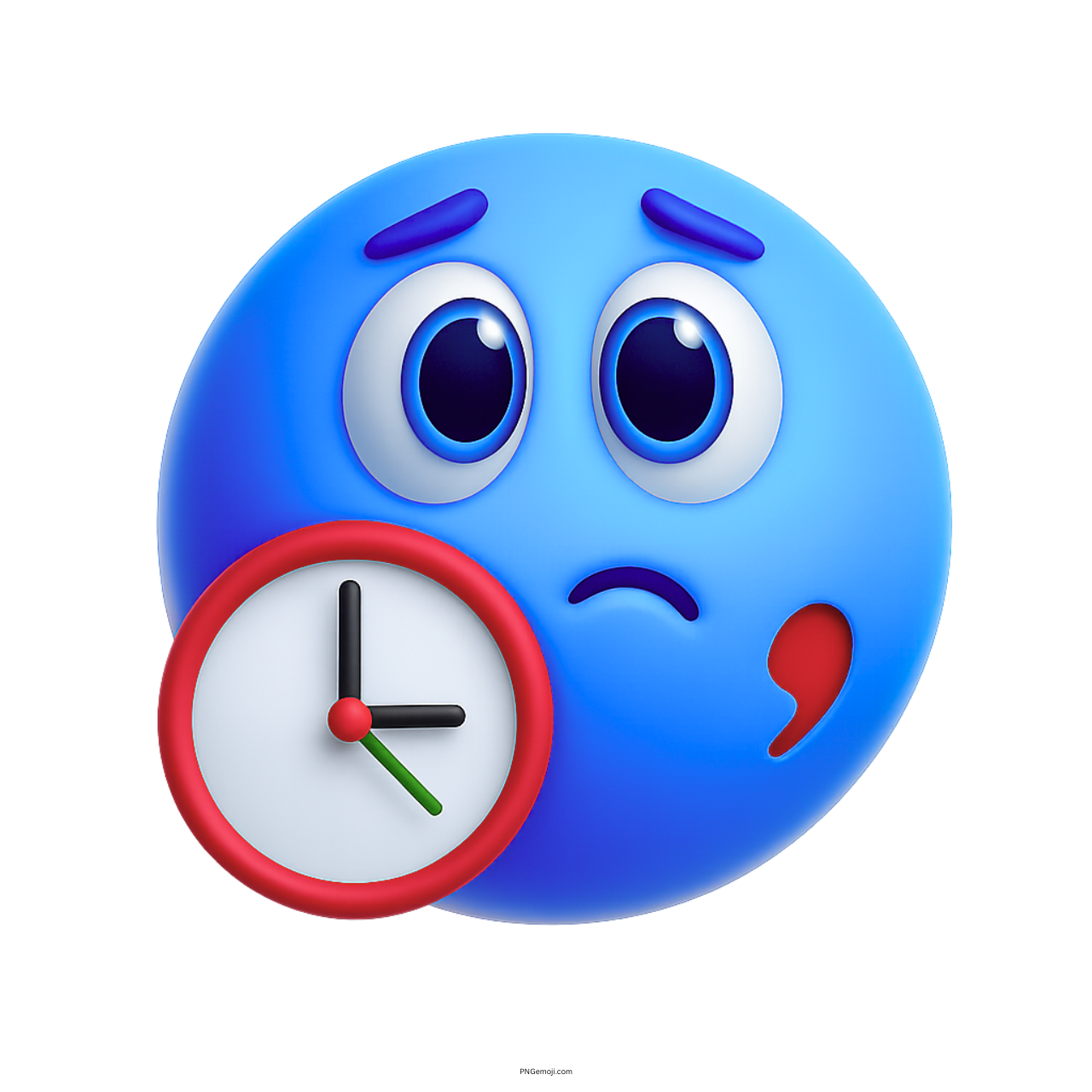 3D blue waiting emoji with clock and anxious worried expression on face