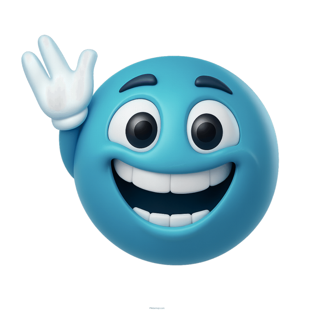3D cartoon blue smiley emoji waving hello with big happy face