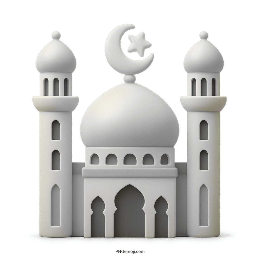 White 3D mosque emoji with crescent moon and star Islamic building icon