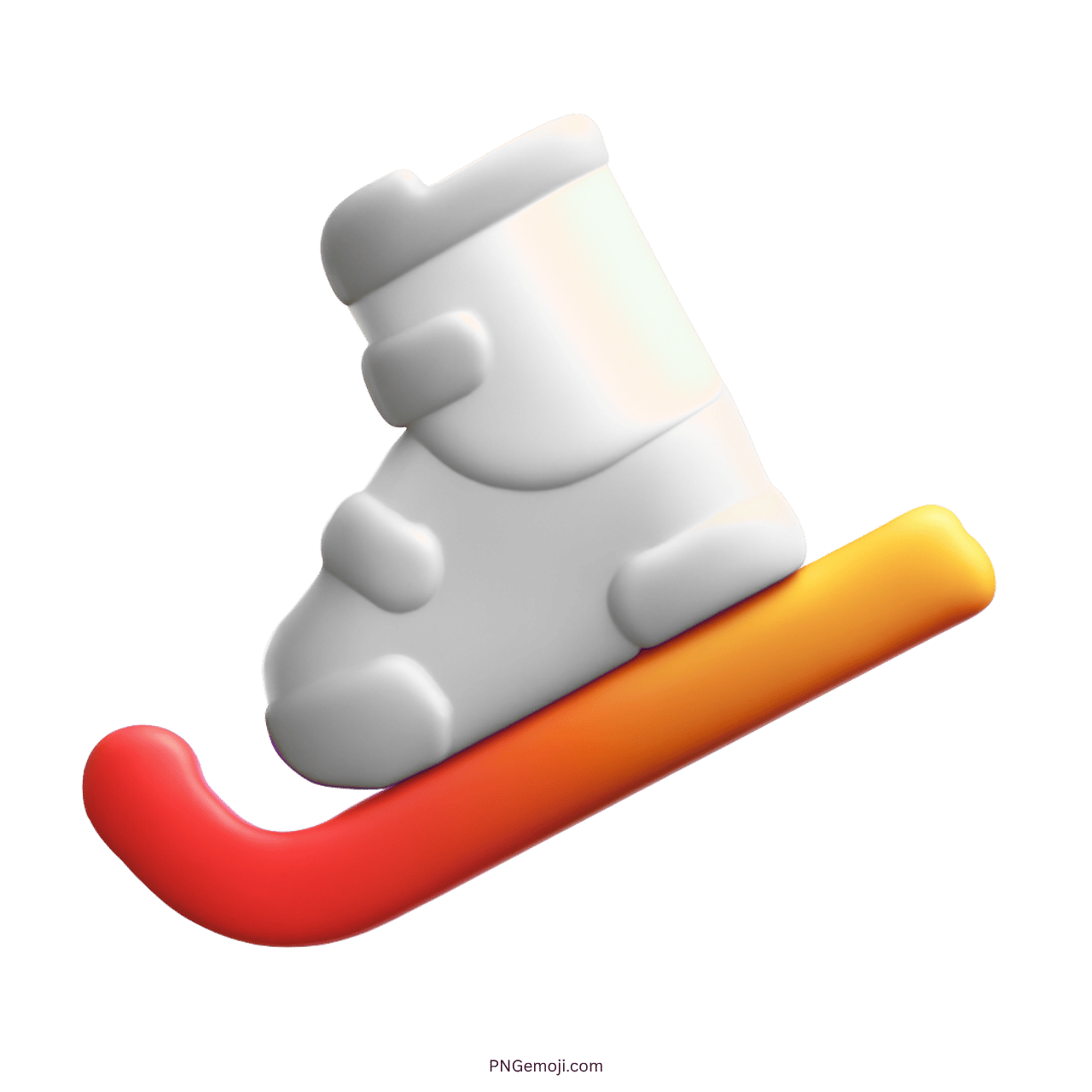 White 3D ski boot emoji with curved red-orange ski base on transparent background