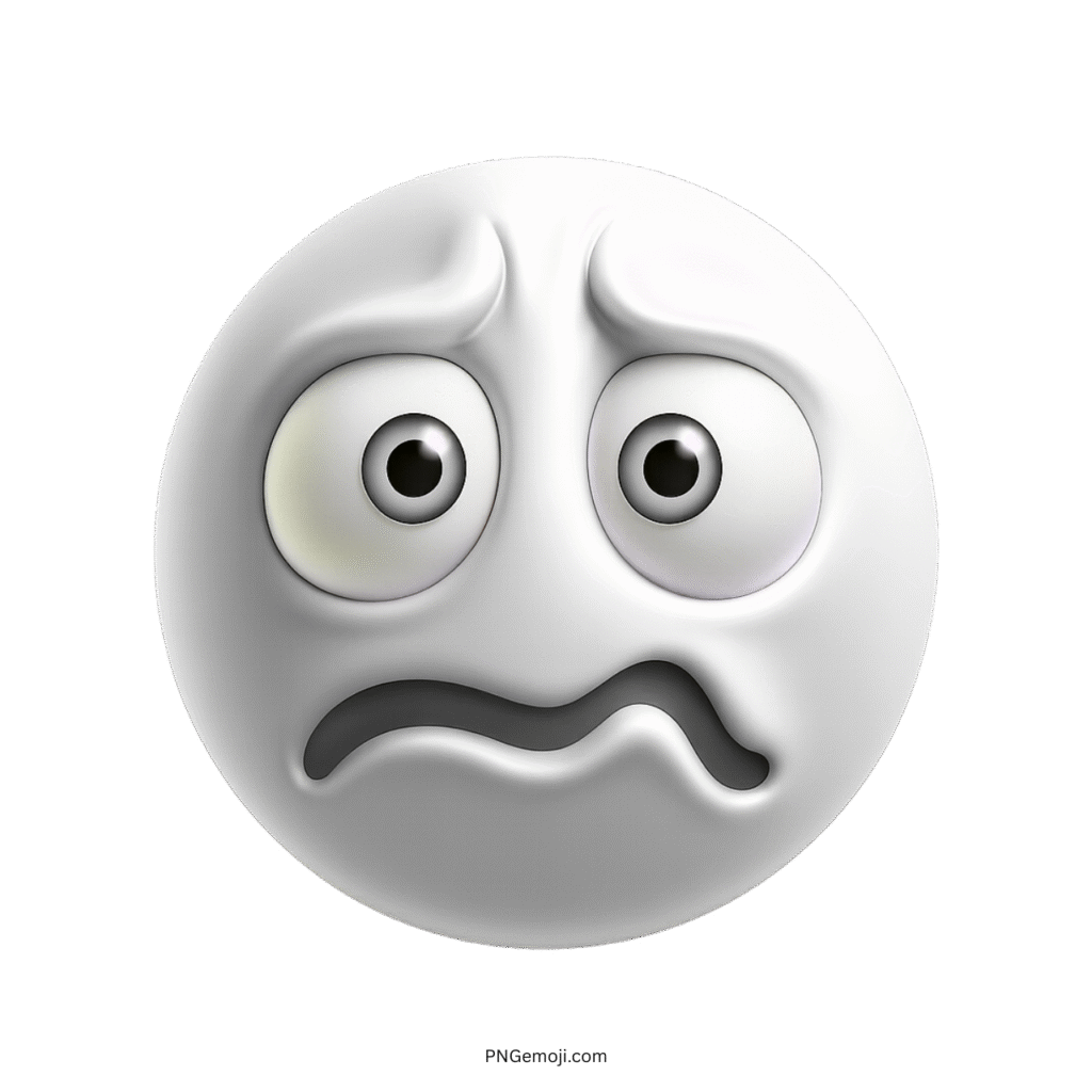White 3D emoji with wide eyes, furrowed brows, and curved mouth showing stress