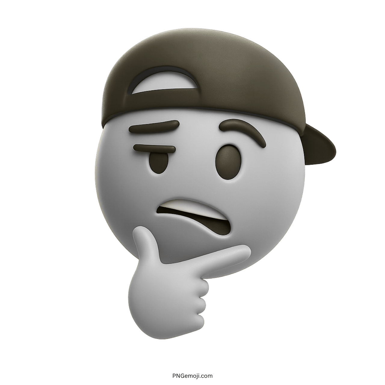 3D white emoji with dark cap showing skeptical expression and thoughtful gesture in PNG