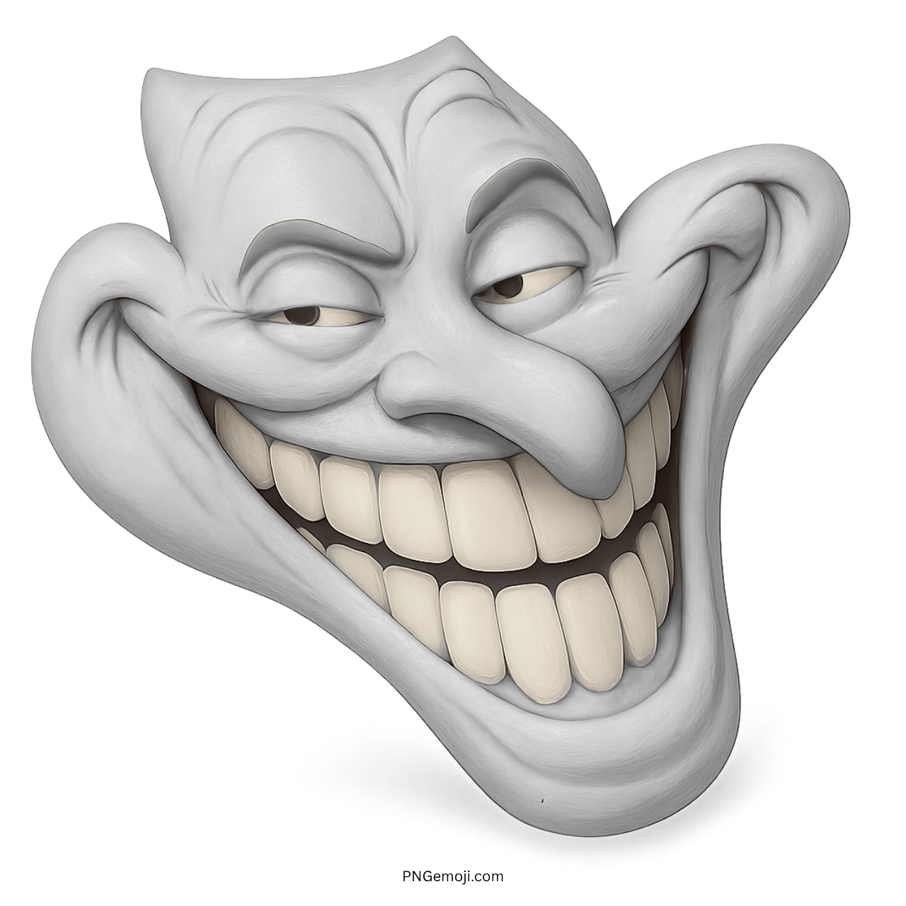 White 3D troll face emoji with big grin and sarcastic facial expression