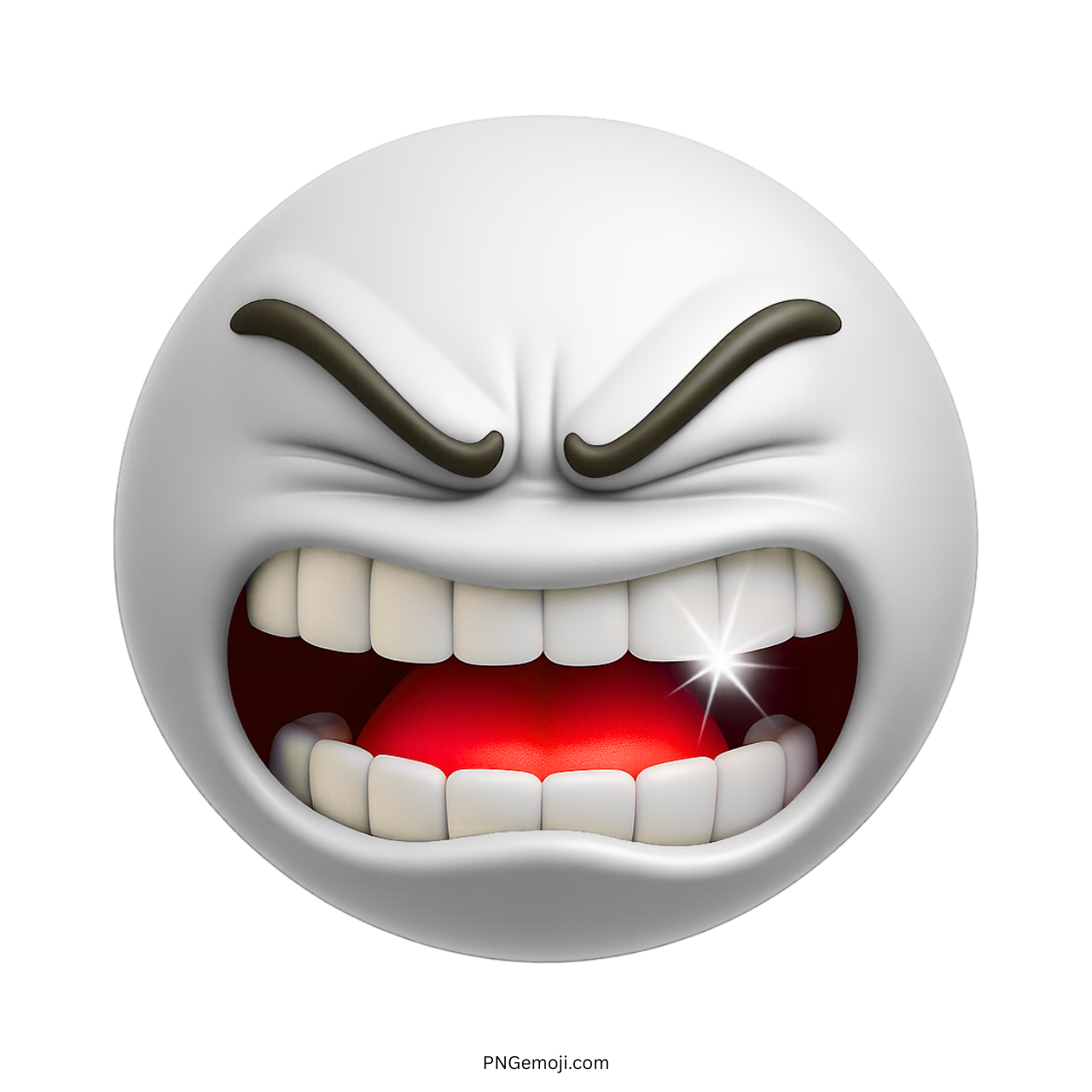 White 3D angry emoji with clenched teeth, glowing mouth sparkle, and furious brows