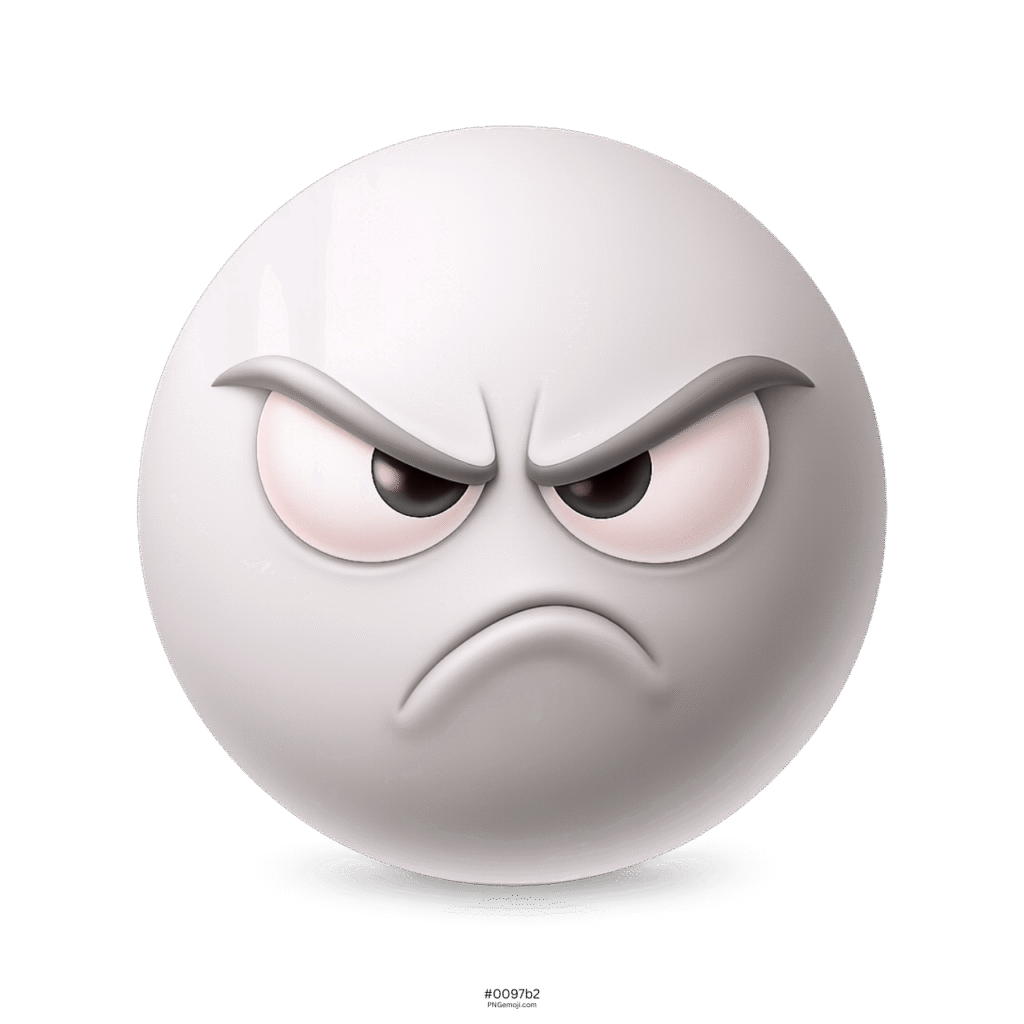 3D white annoyed emoji face with angry eyes, furrowed brows, and frowning mouth