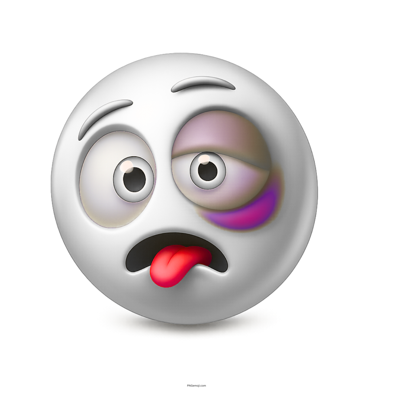 White emoji face with black eye bruised cheek and tongue out in pain