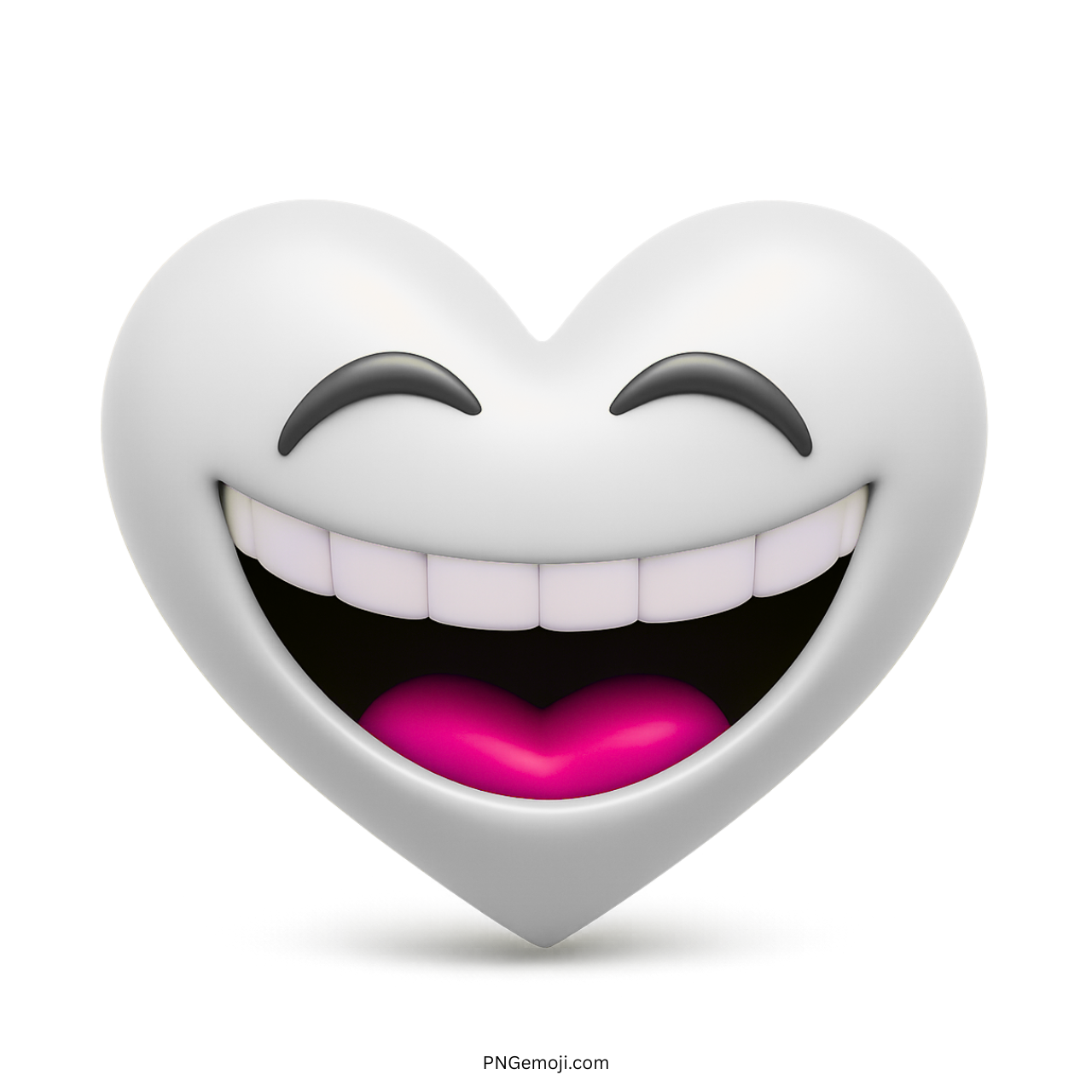 White heart emoji with wide smiling mouth and closed eyes in 3D cartoon style