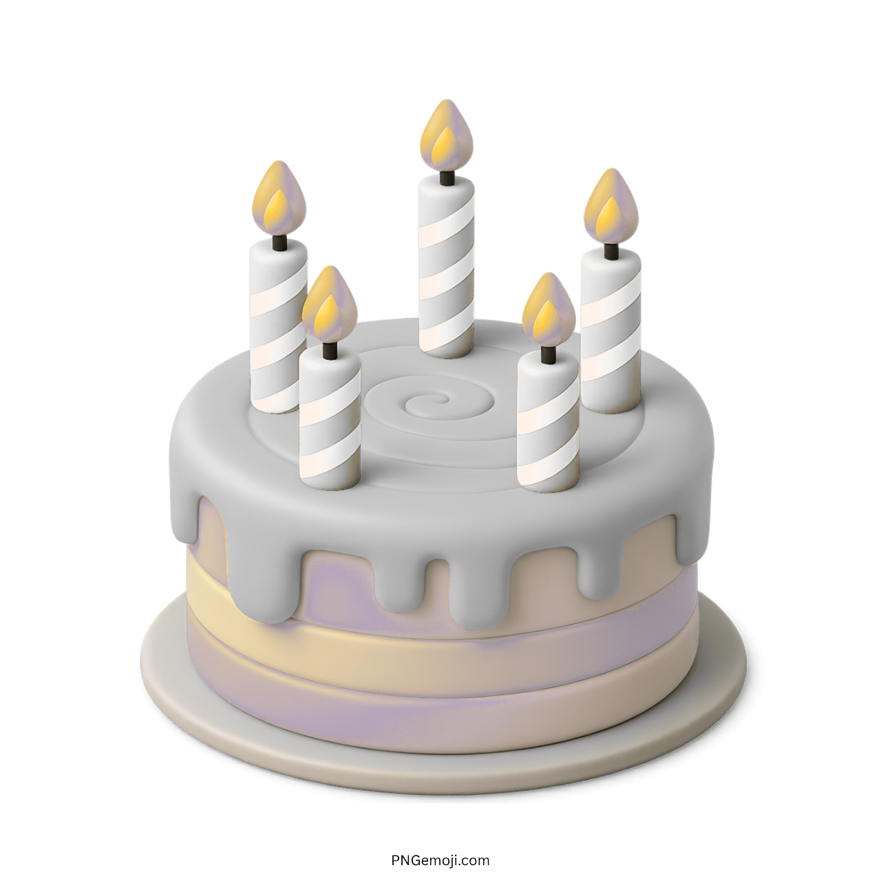 3D white birthday cake emoji with striped candles and minimalist frosting style.