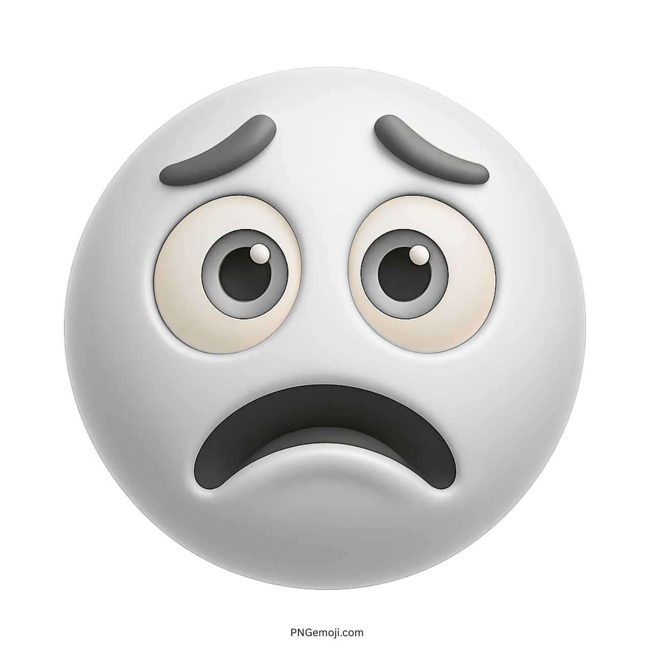 White bored emoji with wide eyes and a frowning mouth expressing emotional stress