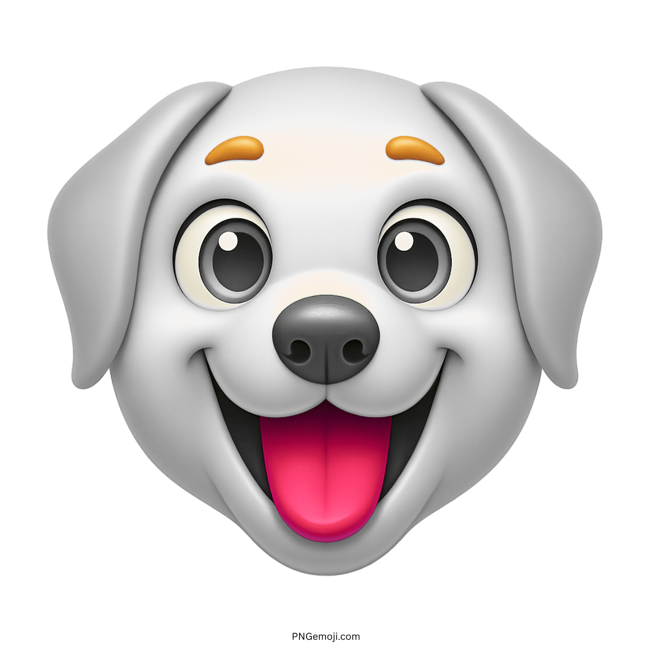 A joyful white cartoon dog emoji with big eyes, orange eyebrows, and a red tongue, against a green background.