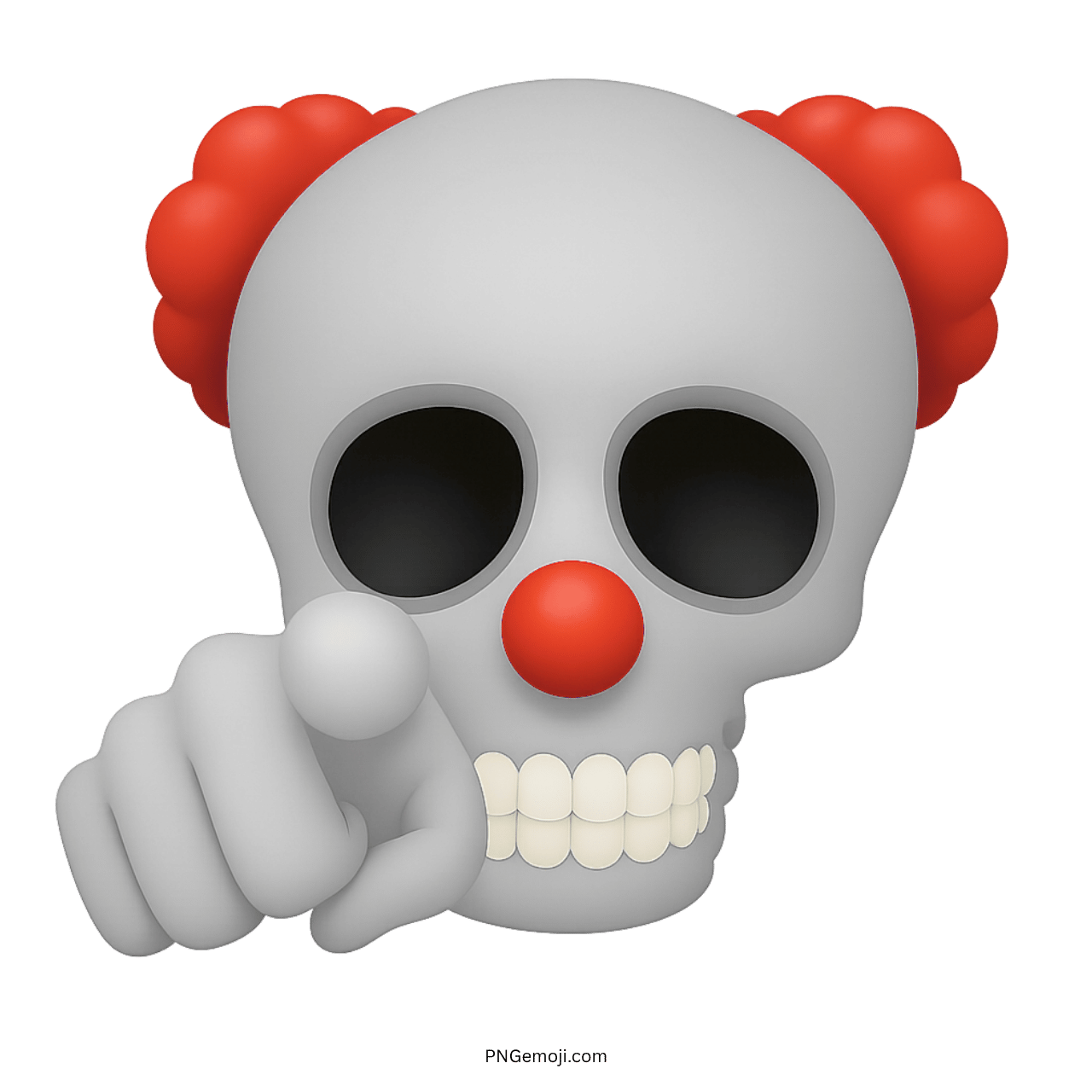 3D white clown skull emoji with red nose, red hair, and pointing finger