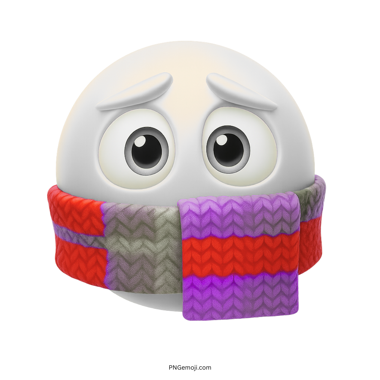 White cold emoji with big eyes wrapped in colorful scarf showing freezing winter expression