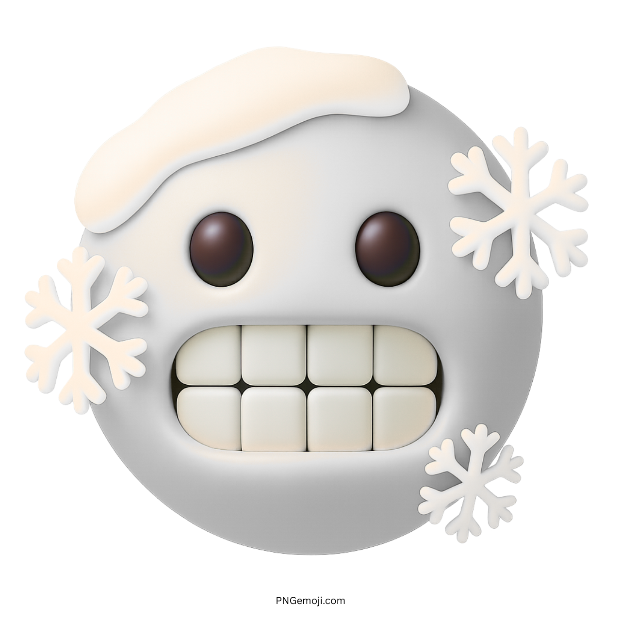 3D white cold face emoji with icy teeth, snowflakes, and snowy expression