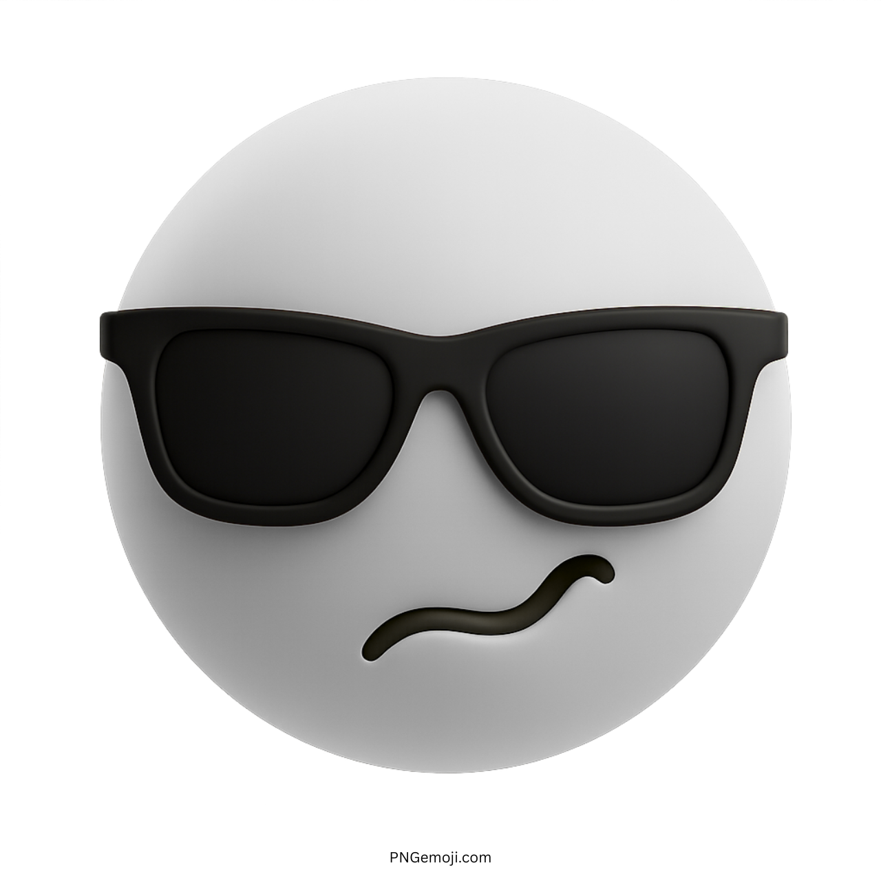 3D white smiley emoji wearing black sunglasses with confident smirk expression PNG