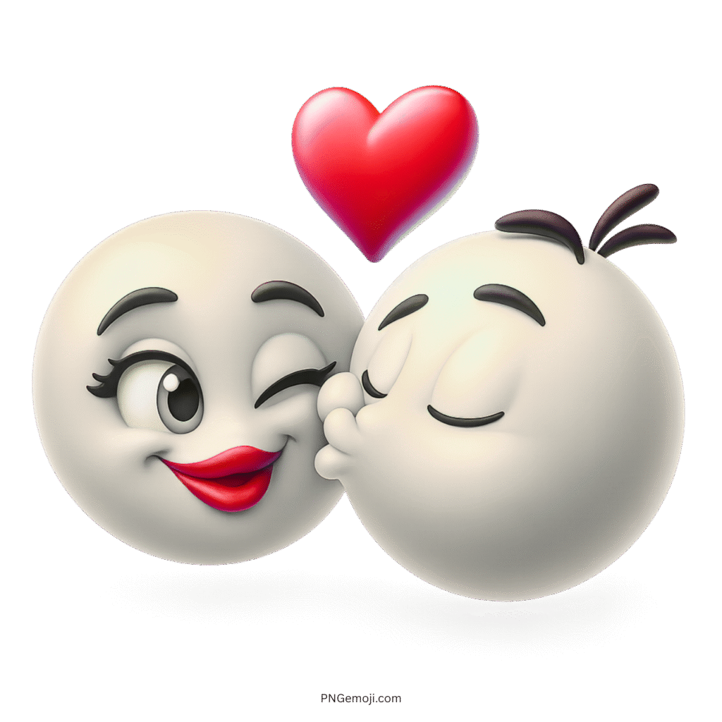 White romantic emoji couple kissing with red heart floating above