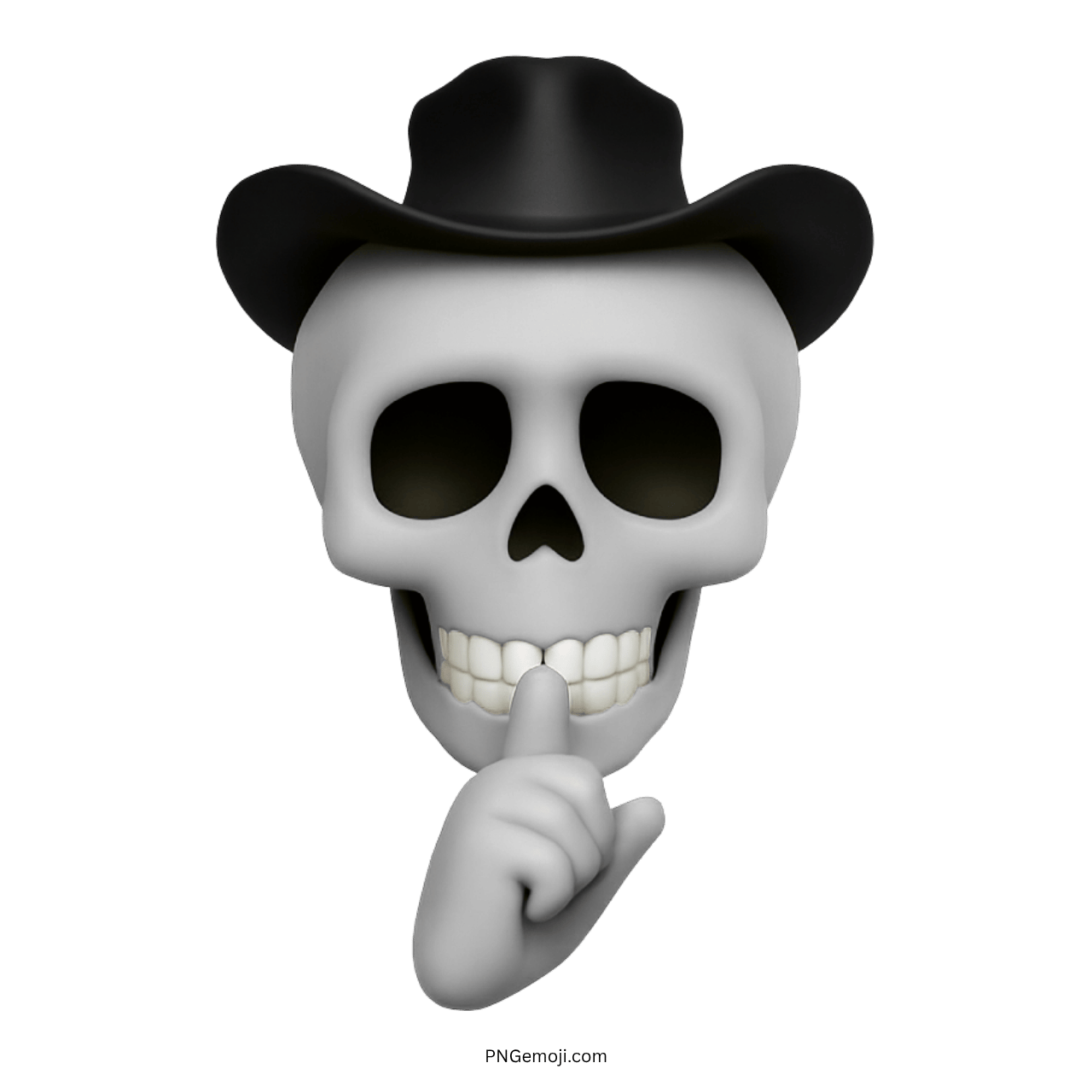 White 3D cowboy skull emoji with hat and finger in a shushing pose